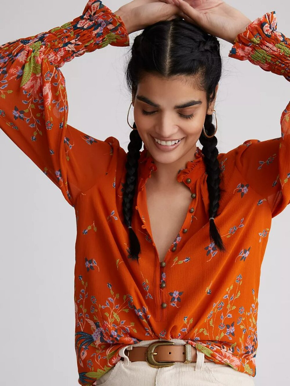 Anthropologie Floral Chiffon Blouse Rust-Orange Floral Ruffle-Neck Size S NWT